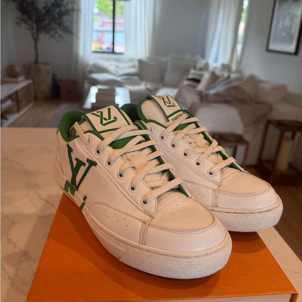 Louis Vuitton White and Green Logo Sneakers